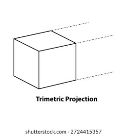 El dibujo técnico representa un cubo en proyección trimétrica, mostrando su estructura geométrica y dimensiones. 