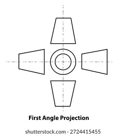 technical drawing depicts a mechanical part in first angle projection, showcasing its various views and dimensions. 