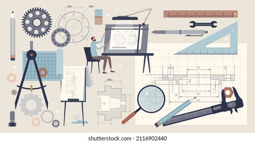 Technical drawing and detailed blueprint draft elements tiny person collection set. Engineering or architect work items and tools vector illustration. Mechanical component sketch development on paper.
