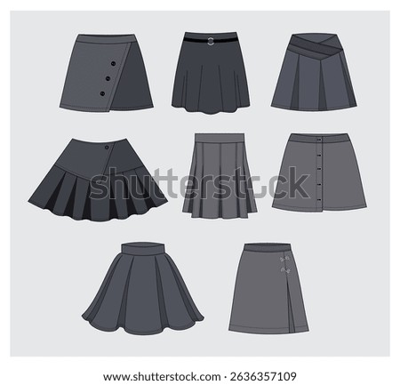 technical drawing of different schoolgirl skirts mockup template front view