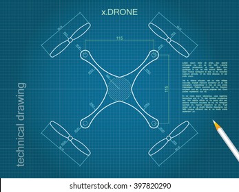 Technical drawing drone blue