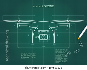 Technical drawing drone with green paper background