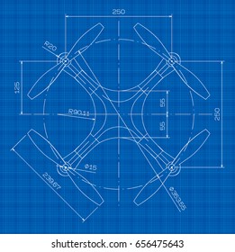 Technical Drawing Drone On Blue Graph Paper. Vector Line Illustration.