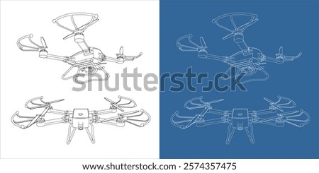 technical drawing of drone or quadcopter. blueprint line vector . Front and side view isolated on transparent background