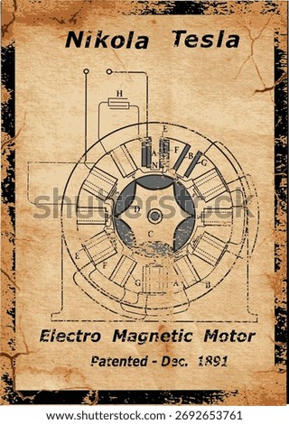 Technical drawing of an electromagnetic motor. Patent of scientist Nikola Tesla