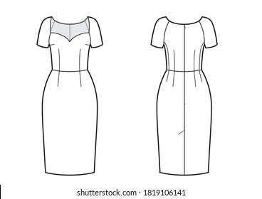 Technical drawing of elegant dress. Front and back views.