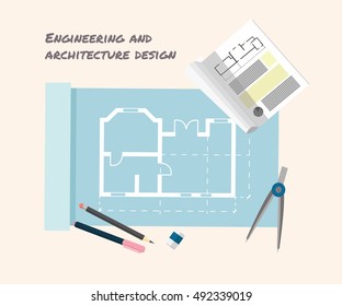 Technical drawing .Engineering and architecture design workplace with tools.