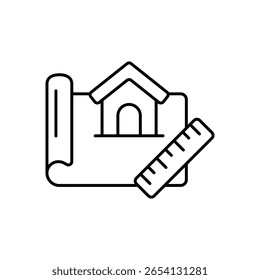 Icono de línea de plano de ingeniería de dibujo técnico