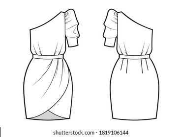 Technical drawing of evening dress with one sleeve. Front and back views.