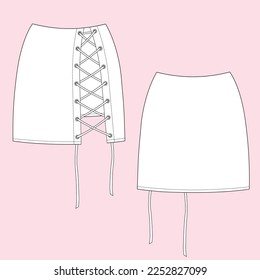 Technical Drawing of Eyelet Lace Up Raw Hem Mini Skirt. Flat design fashion, front and back view. Fashion for girl.