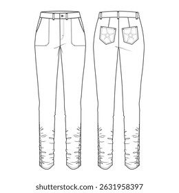 Desenho técnico e moda CAD maquete de mulheres High-Rise Skinny caber calças jeans de perna reta com juntas Vista frontal e traseira