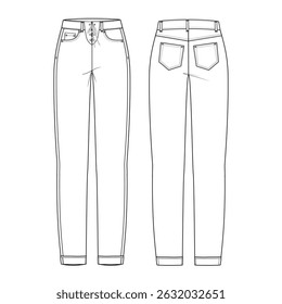Technical Drawing and Fashion CAD Mockup of Women’s High-Rise Skinny Fit Straight Leg Jeans with Drawstring and Eyelet Detail – Front and Back Views