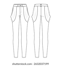 Desenho Técnico e Moda CAD Mockup de Mulheres High-Rise Skinny Fit Jeans com Capuz Detalhamento - Vista de Frente e de Trás