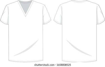Technische Zeichnungsebene eines männlichen T-Shirts mit V-Hals-Rücken-Vorderteil