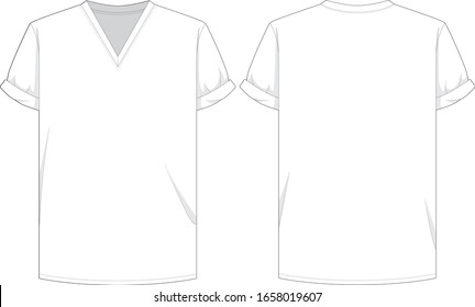 Technical drawing fashion flat of men tshirt with v neck and rolled sleeves back and front view