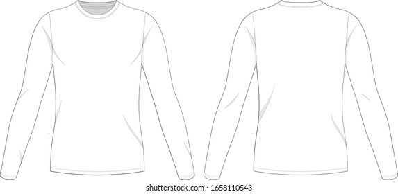 Dibujo técnico plano de la camiseta de hombre delgado en forma de cuello redondo y manga larga