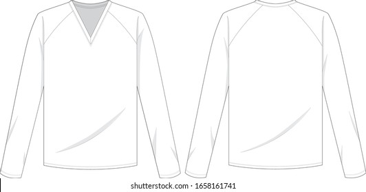 Technical drawing fashion flat of men tshirt with v neck and long raglan sleeve