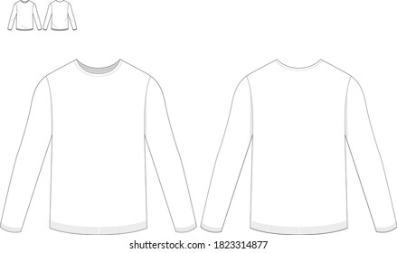 Technical drawing fashion flat men  sweater thin knit regular fit round neck front and back view