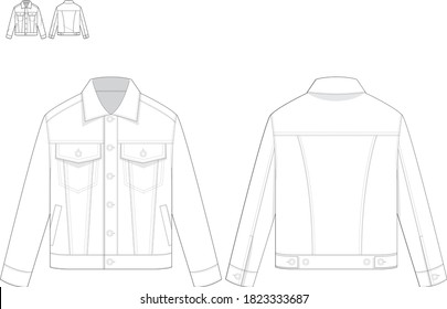 Technical drawing fashion flat men denim jacket button closure front and back view