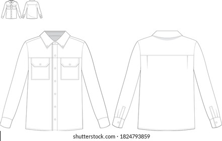 Moda técnica de dibujo hombres de piso camisa larga de manga con bolsillos de la pestaña del pecho vista frontal y posterior