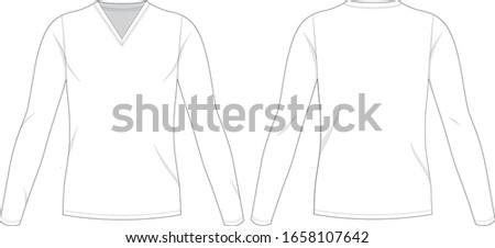 Technical drawing fashion flat men tshirt slim fit with v neck and long sleeves Back and front view