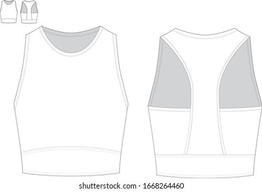 technical drawing fashion flat of women sports bra with waist band front and back view