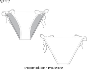 technical drawing fashion flat of women beachwear normal bikini briefs bottoms with thin laces at the hips back and front view