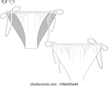 Technical drawing fashion flat of women beachwear bikini bottoms briefs with ajustable thin ties front and back view