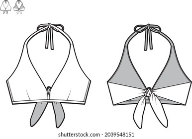 Technical drawing fashion flat of women beachwear swimwear top with thin straps to knot in the neck and knot in the back front and back view