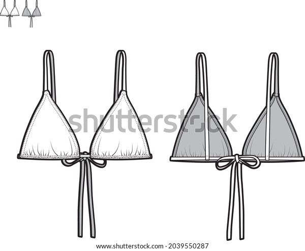Technical drawing fashion flat of women beachwear\
swimwear top triangle with thin straps and bow knot in the back\
front and back view
