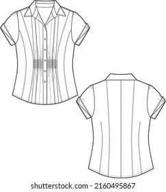 Technical drawing of fashion front and back womens blouse. Womens Tailored Short Sleeve Basic Simple Button Down Shirt Stretchy. Curved hem.