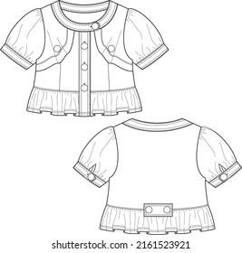 Dibujo técnico de la blusa delantera y trasera de la moda 