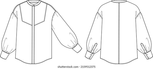 Technical drawing. Fashion illustration. Women blouse with long sleeves and front yoke.