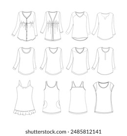 technical drawing of a fashion sketch of women's nightgown, various models in white color background