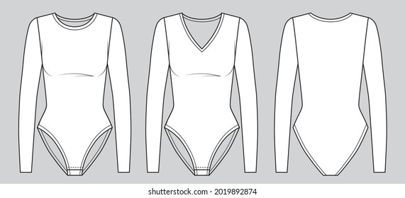 technical drawing fashion of women bodysuit with long sleeve, round neck and V-neck