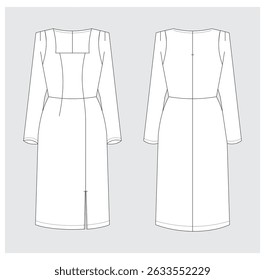 technical drawing of fashionable sheath dress with long sleeves and darts front and back view mockup template