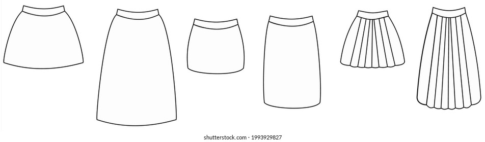 Technical drawing.Set of female skirts isolated on white background.Flat design.Mockup template.Short and long skirts.Sign, symbol, icon or logo isolated.Outline fashion.Vector illustration.