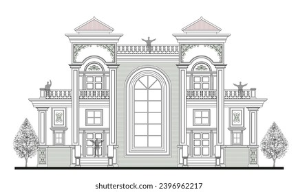 Technical drawing of front view of 2 storey classic house with 6 columns, 2 stairs, small and big windows, balustrade, 2 symmetrical crowns and roof. 