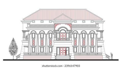 Dibujo técnico de la vista frontal de un edificio clásico de 3 plantas con tejado largo, 2 puertas, 16 ventanas, 3 coronas, 10 columnas, balaustrada larga, decoración floral y 3 escaleras.