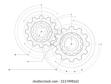 Technical drawing of gears .Engineering technology. Vector illustration.