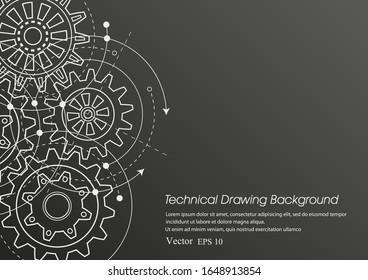 Dibujo técnico de los engranajes sobre un fondo negro. Proyecto de tecnología de ingeniería. Mecánica industrial Ilustración vectorial.	