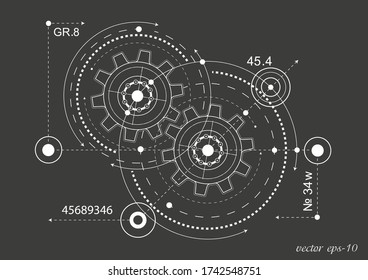 Technical drawing of gears on a black background.Engineering Technology Project. Industrial mechanics Vector illustration.	