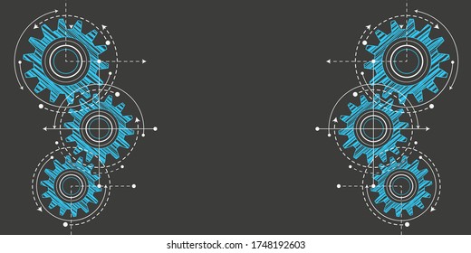 Technical drawing of gears on a black background.Engineering Technology Project. Industrial mechanics Vector illustration.	