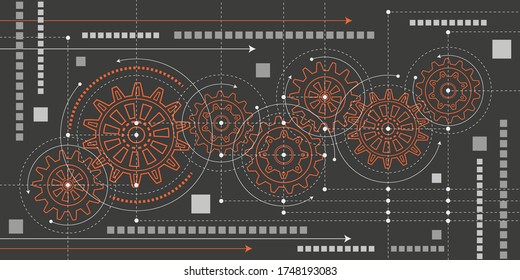 Technical drawing of gears on a black background.Engineering Technology Project. Industrial mechanics Vector illustration.	