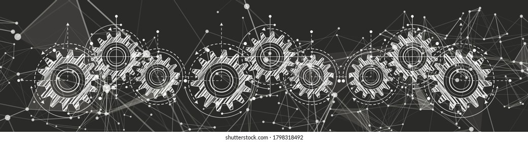 Technical Drawing Of Gears On A Black Background.Engineering Technology Project. Industrial Mechanics Vector Illustration.