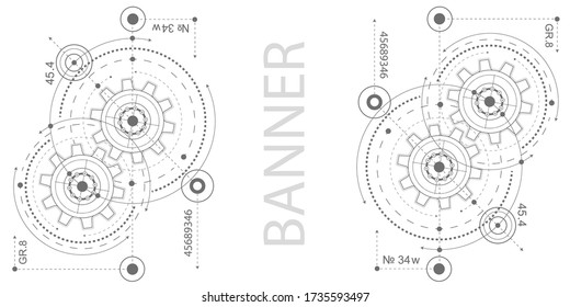 Technical drawing of gears .Gears on a white background .Rotating mechanism of round parts . Vector illustration.	