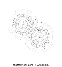 Technical drawing of gears .Rotating mechanism of round parts .Machine technology. Vector illustration.