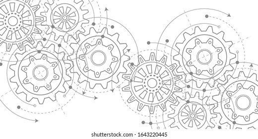 Technical Drawing Of Gears .Rotating Mechanism Of Round Parts .Machine Technology. Vector Illustration.	