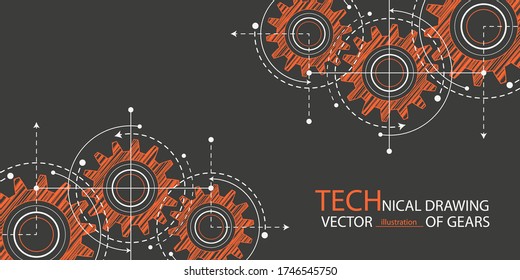 Technical drawing of gears .Rotating mechanism of round parts .Machine technology. Vector illustration.
