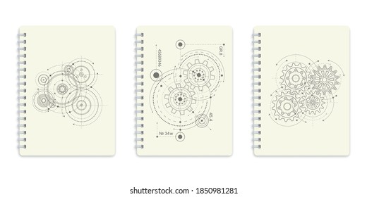 Technical drawing of gears .Rotating mechanism of round parts .Machine technology. Vector illustration.